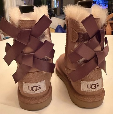 UGG Bailey Bow II T Girls Brown Suede Shearling Bow Pull-On Mid-Calf Boots US 7