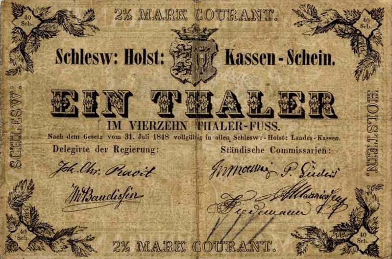Germany Schleswig-Holstein 1 Thaler Currency Banknote 1848 VF