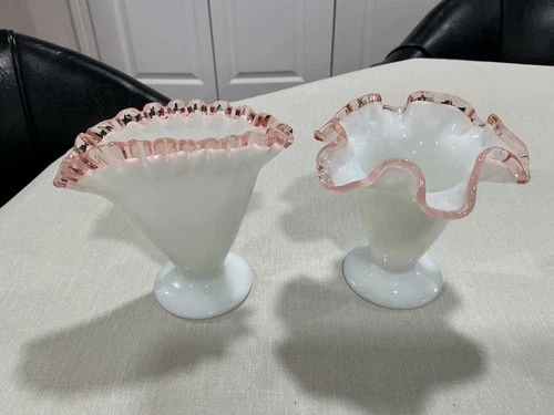 Fenton White Milk Glass Pink Crest Crimped Footed 4.5" vase & Fan Vase *Set of 2