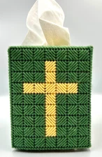 VTG Handmade Needlepoint on Plastic Tissue Box Holder Cover Green Gold Cross