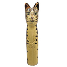 Wooden Cat Figurine 15  Hand Carved  Painted Tall Rustic Folk Art Sculpture