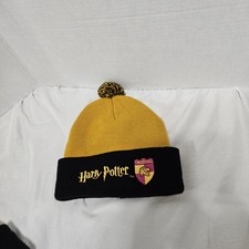 Vtg Harry Potter Hogwarts Gold Black Beanie With Pompom Embroidered 2001