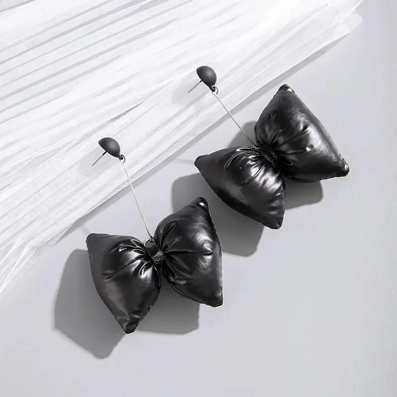 Earrings Black Solid Oversized Drop Bow Faux Leat… - image 4