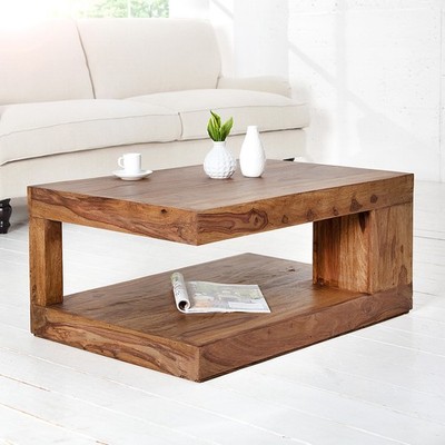 Massiver Edelholz Couchtisch GIANT L 90cm natur Sheesham stone finish mit Ablage
