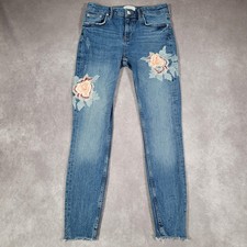 Jeans donna Zara donna 4 blu skinny orlo grezzo ricamato floreale invecchiato boho