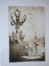 Antique Vintage Gothic Etching on Paper Of Eiffel Tower Paris Gargoyle Unframed