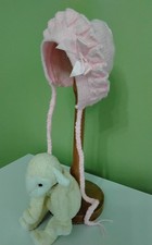 Hand Knit Baby Frilled Bonnet Pink with Pink Bow 0 to 3 months