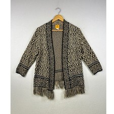 Ruby Rd Petite Bohemian Diamond Fringe Knit Cardigan Sweater Women PL