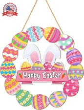 Easter Door Sign Decorations,Bunny Eggs Hanging Door Sign Happy Easter Wood Wrea