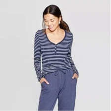 Stars Above Long Sleeve Striped Henley Tee in Smart Blue Size XS NWT