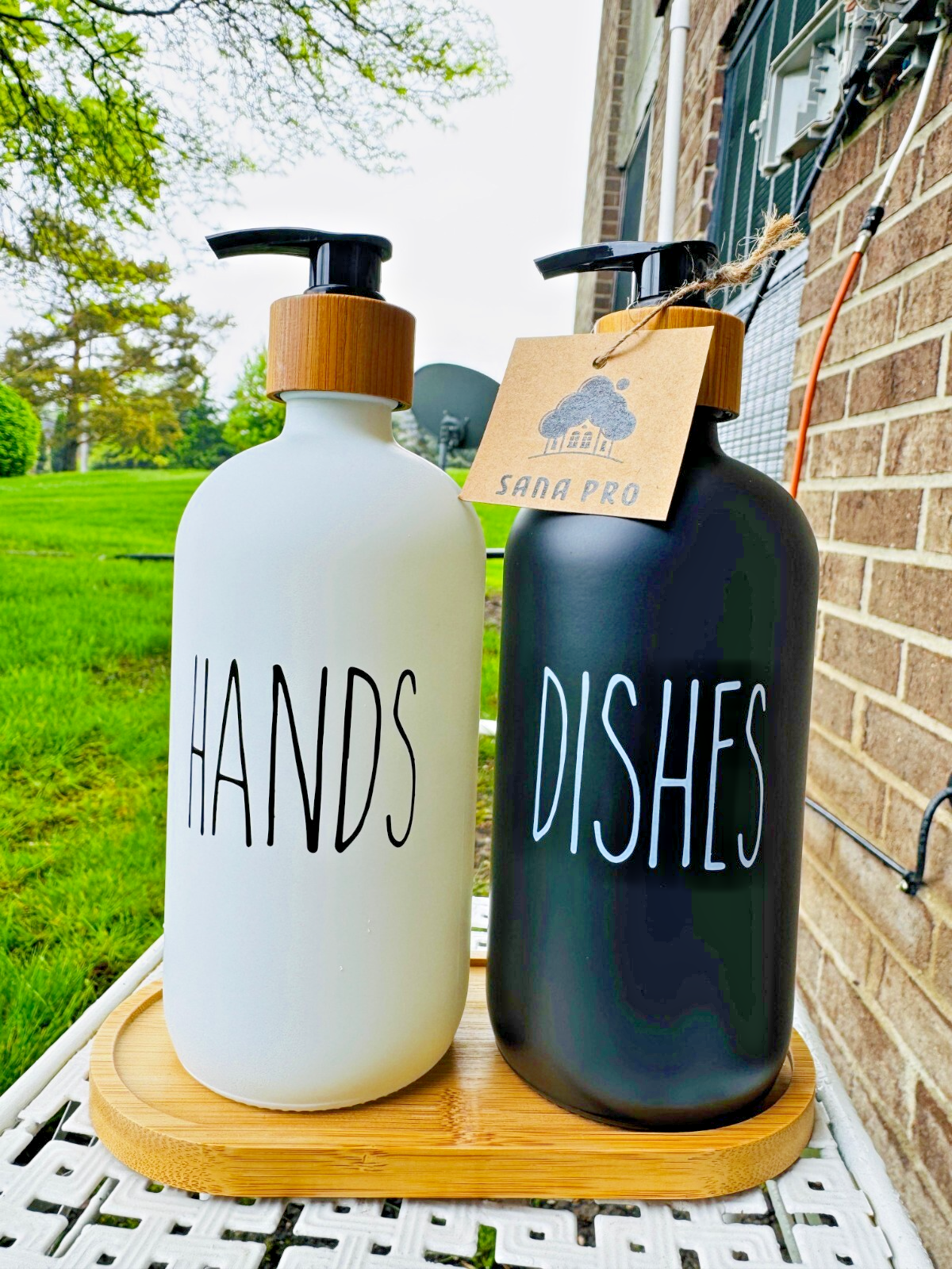 Elegant Glass Soap Dispenser Set with Bamboo Tray for Hand and Dish Soap-image