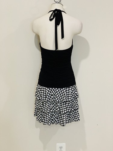 Black Halter Ruched Party Dress w Ruffled Black And White Polka Dot Frills- Sz M - Picture 4 of 7