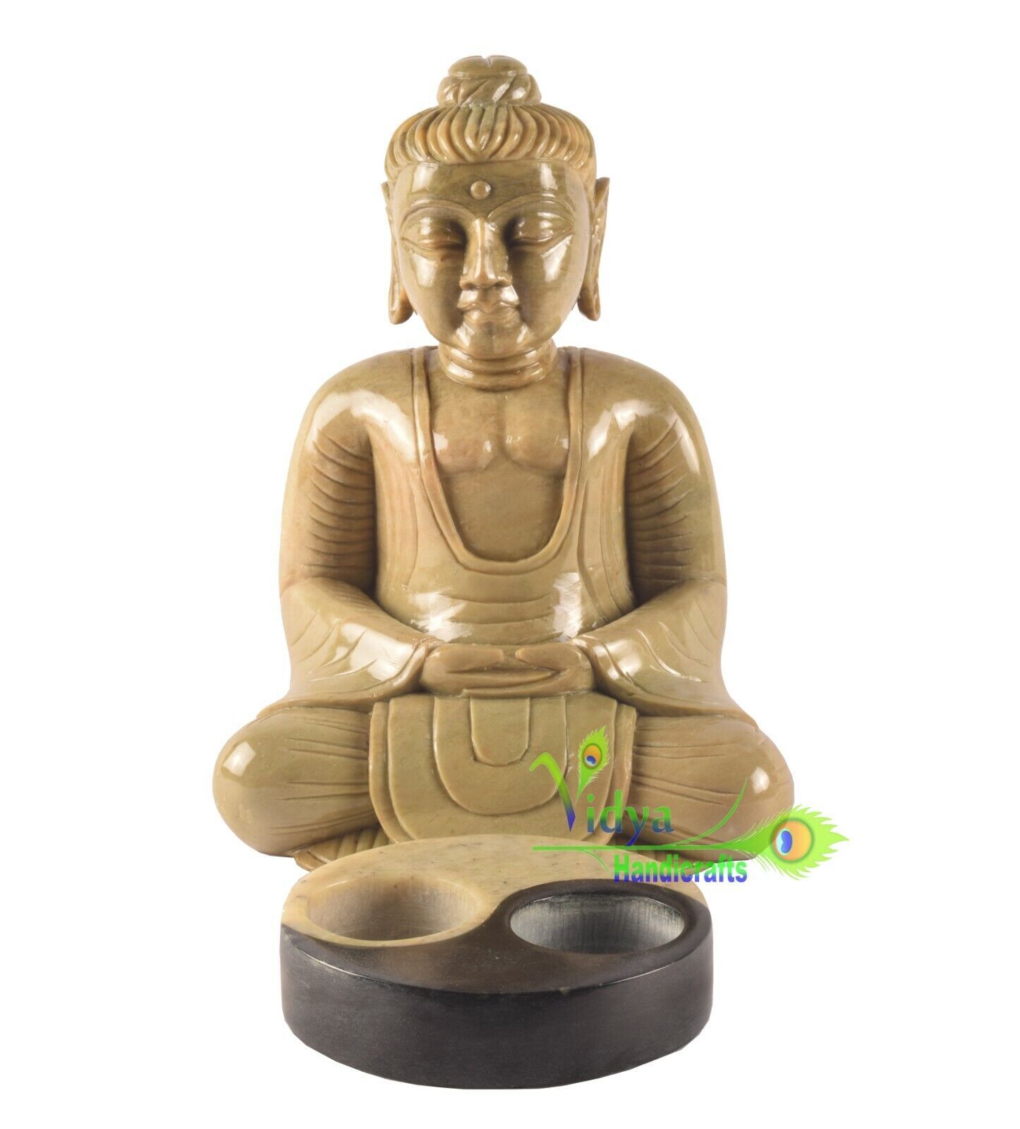 Soapstone Buddha Statue Hand Carved Sculpture With Candle Holder Home