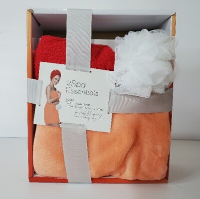Spa Essentials Plush Towel Wrap Hair Towel Twist Loofah Gift Box Set Orange Red