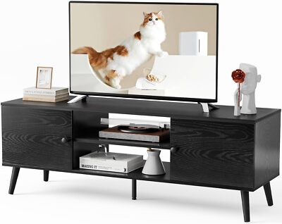 Black TV Stand for 50'' 60'' TV Entertainment Center with Storage Cabinet Table