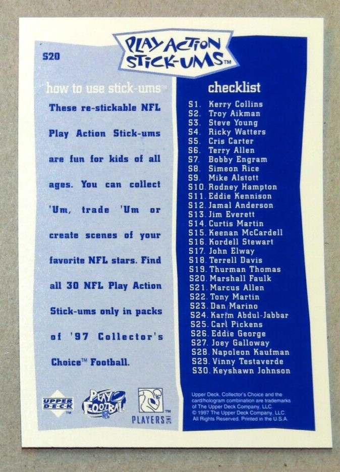 1997 Collector's Choice unpeeled Sticker &Checklist Marshall Faulk #S20 Colts