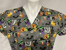 Cassandra O Ghosts Pumpkins Bats Cats Halloween Nurse Scrub Top Grey Med