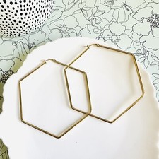Gold Hexagon Hoop Earrings Large Bohemian Jewelry Boho Gift NEW