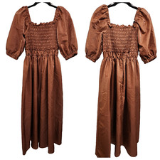 Anthropologie Moon River Satin Smocked Midi Dress Copper Puff Sleeves Size S
