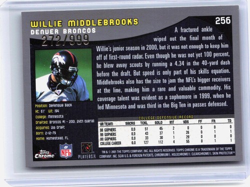 2001 Topps Chrome #256 Willie Middlebrooks Refractors RC #'d /999 - Picture 2 of 2