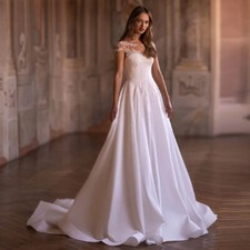 Elegant Satin Wedding Dresses Cap Sleeve Appliques Buttons Back Pleated Customed