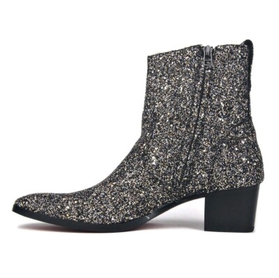 OSSTONE Men's Chelsea Ankle Boots - Leather Glitter Chukka Designer Boots With Side Zipper & Heel - Dress Boots, Black, Size 9.5 - View #6