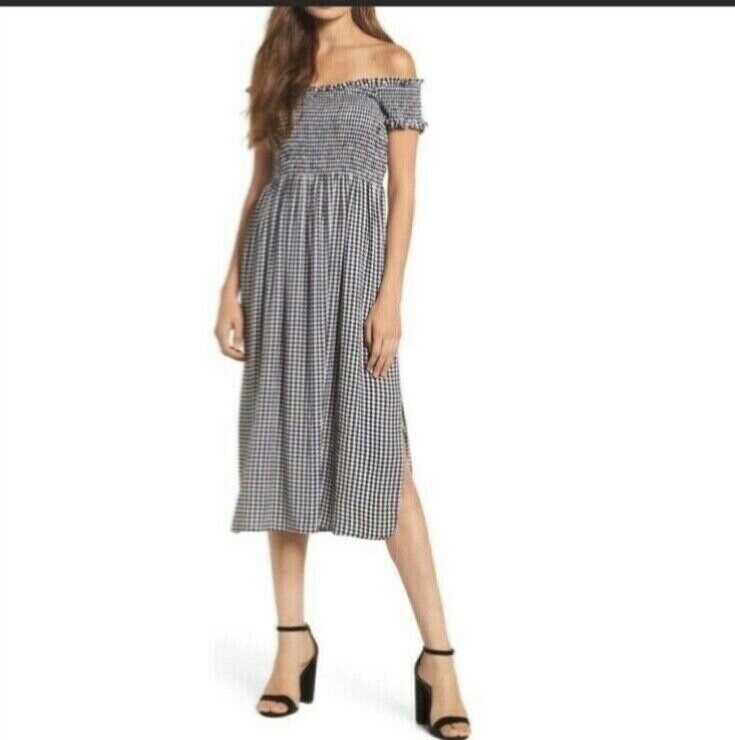off shoulder dress with floral embellishment in vintage blue Petal and Pup Women's Codie Off Shoulder Maxi Dress