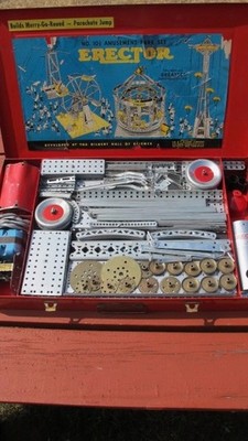 GILBERT ERECTOR SET 10 1/2- RED CASE-2 LAYERS OF PIECES W/HORSES/PARACHUTES+++++