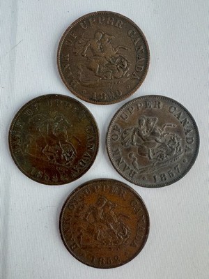 Lot of 4 Bank of Upper Canada Half 1/2 Penny Tokens 1852-1857 Circulated Damaged