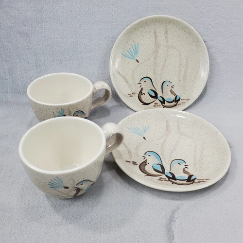 VTG Red Wing Pottery Bob White Quail Coffee Cups & Bread Plates Hand Painted USA