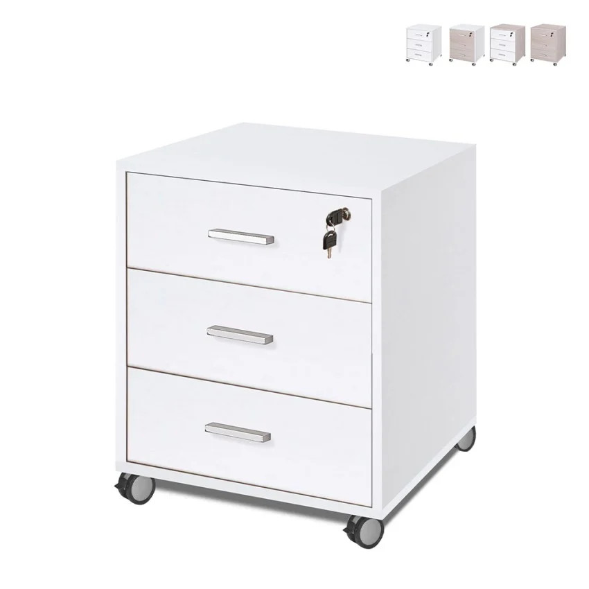 Meuble 3 tiroirs clés roulettes bureau design moderne Cour en bois blanc scandinave