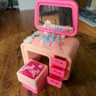 Vintage 1977 Barbie Doll Vanity and Stool Perfume Bottles Brushes Mirror Clock +