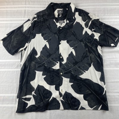 H&M Hawaiian Shirt Mens Large Black White Palm Leaves All Over Print Lightweight