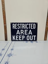 " RESTRICTED AREA KEEP OUT  "Vintage Porcelain Sign. BLUE  With WHITE Lettering