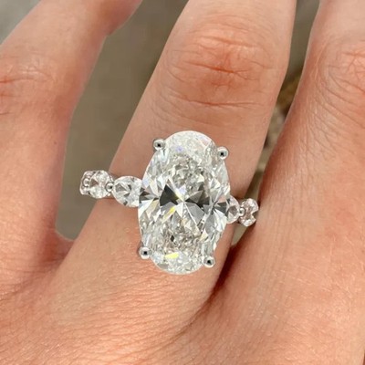 Oval Cut 5.00CT Lab Grown Diamond Solitaire With Accents Ring 14k White Gold