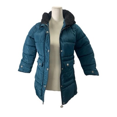 DKNY Puffer Jacket Women's Small (7/8) Teal Blue 100% Polyester Faux Fur Hooded