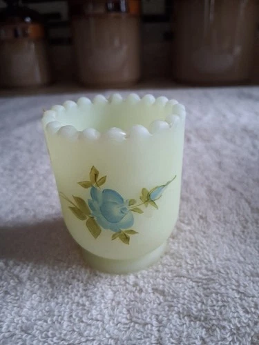 Fenton Toothpick Holder Custard Satin Glass Hand Painted Signed