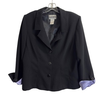 Plaza South Black Blazer Lavender Satin Cuff Sleeves Size 16 Three Button Front