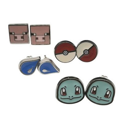 Pokemon & Minecraft Stud Earrings Lot of 4 Pig Ball Squirtle