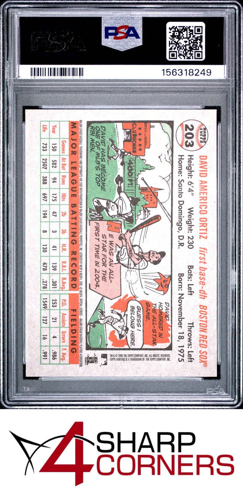 2005 TOPPS HERITAGE #203 DAVID ORTIZ RED SOX HOF PSA 10 view 2