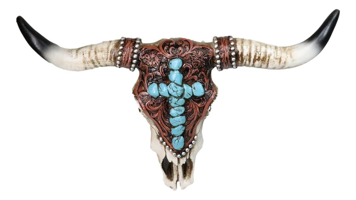 Southwest Steer Cow Skull With Turquoise Cross Tooled Leather