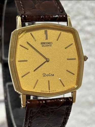 Seiko Dolce 6730 5520 Quartz Gold Dial Vintage Mens Watch Japan Working