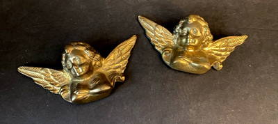 2 Vintage 5'' Brass Cherub Angels with Wings Collectible Wall Hanging Religious