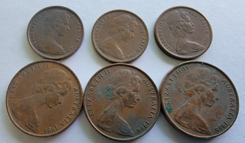 Lot of 6 Australian 1 and 2 cent coins 1966 & 1967 circulated