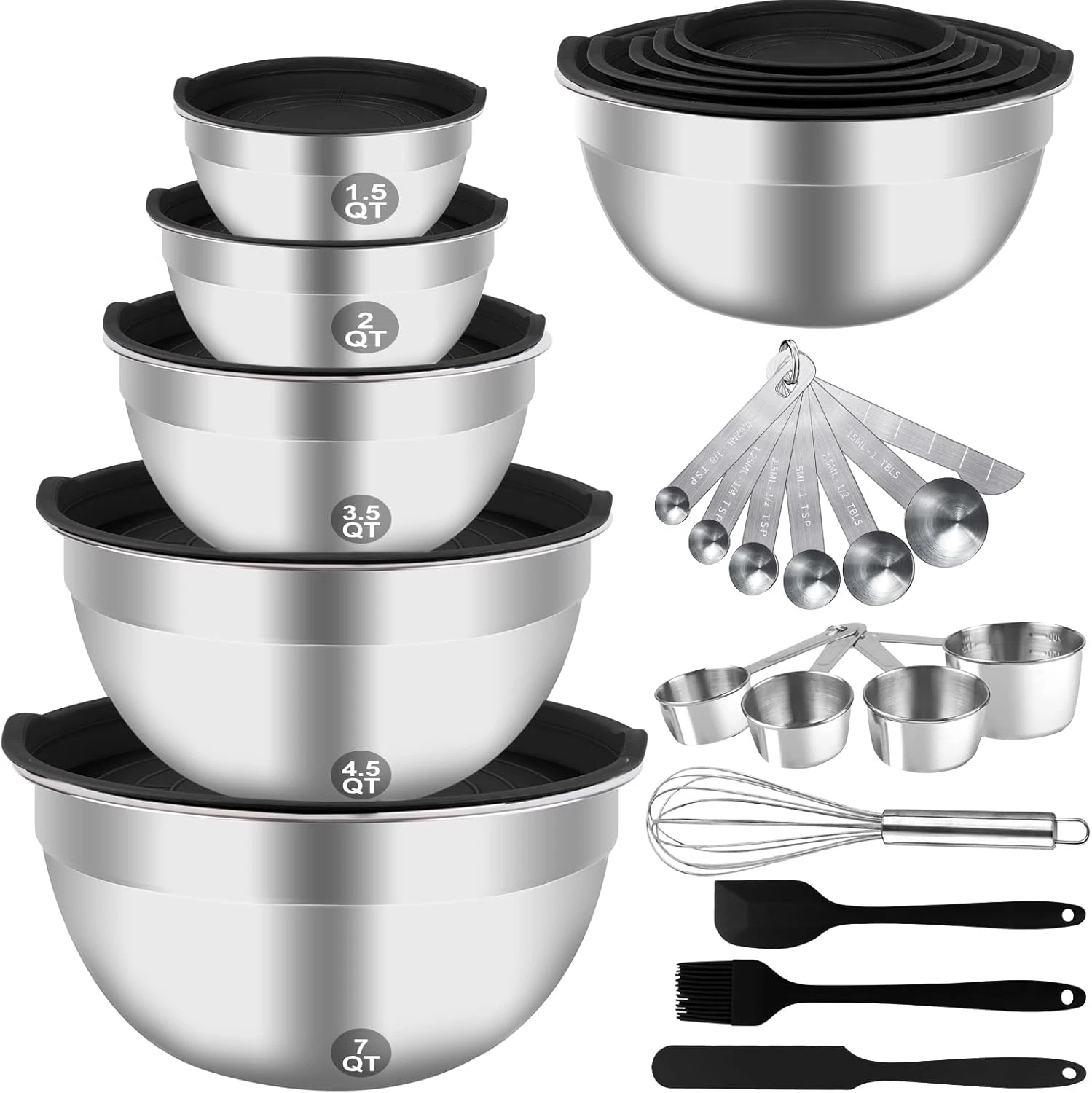 Juego 25 Tazones Mezcla Acero Inoxidable Con Tapa Medidores Cucharas Utensilios