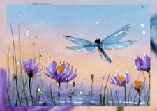 Verträumte Libelle Sonnenuntergang 5"x7" Druck auf mattem Papier | Aquarell Natur Kunst