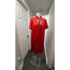 Vintage JCPenney Red Floral Embroidered Mandarin Collar Housecoat Robe Medium
