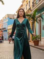 SHEIN Velvet Wrap Maxi Dress Womens Large Green Long Sleeve Sexy Ruched