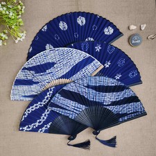 Shibori Hand Fan, Indigo Women Folding Fan, Tie Dye Cotton Fabric, Bamboo Fan
