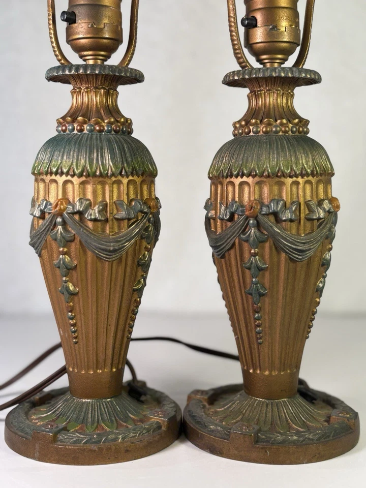 Vintage Pair Of 2 Art Deco Cast Iron Lamps With Ornate Floral Design WORKING!!! - Image 4 of 4